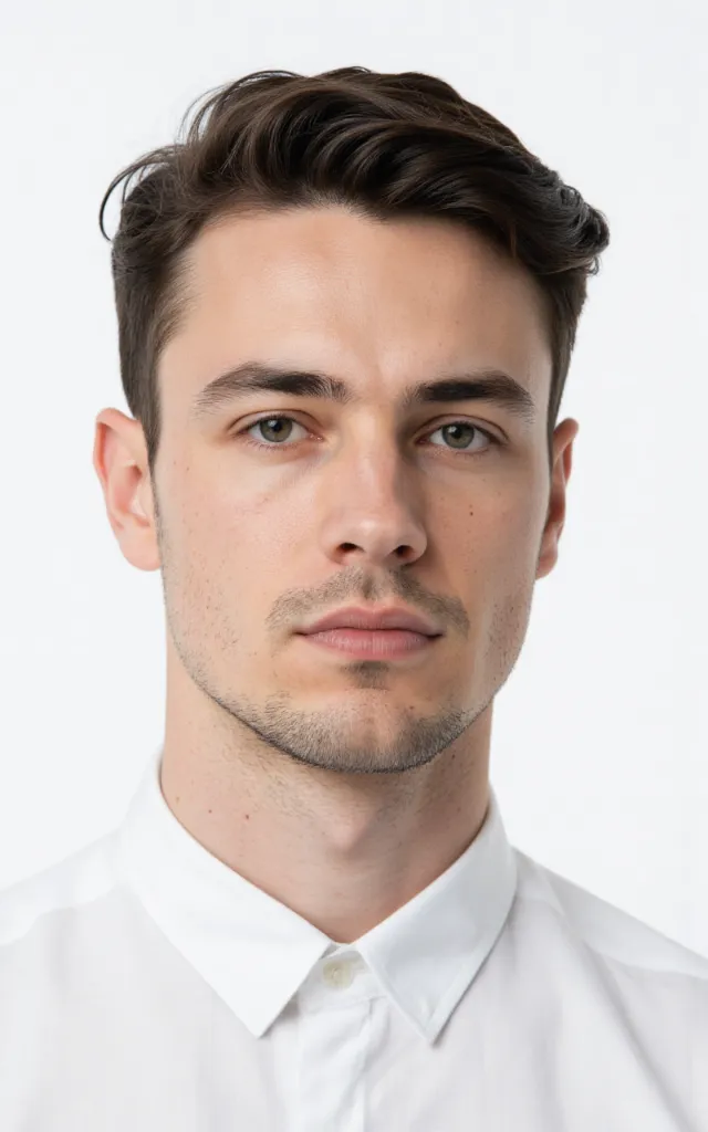 A French male model with a Short   back   and   sides, wearing a shirt, against a white background, in a front   facing bust portrait